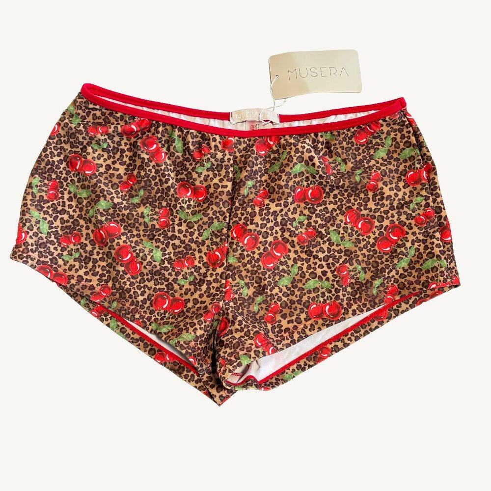 NWT Musera Shein Cheetah and Cherry Print Swim Shorts Size Large